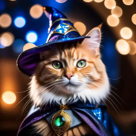 a cat, ((wizard outfit)), epic scene, dynamic camera, backlight, (close up:1.2), high quality photography, 3 point lighting, flash with softbox, 4k, Canon EOS R3, hdr, smooth, sharp focus, high resolution, award winning photo, 80mm, f2.8, bokeh
