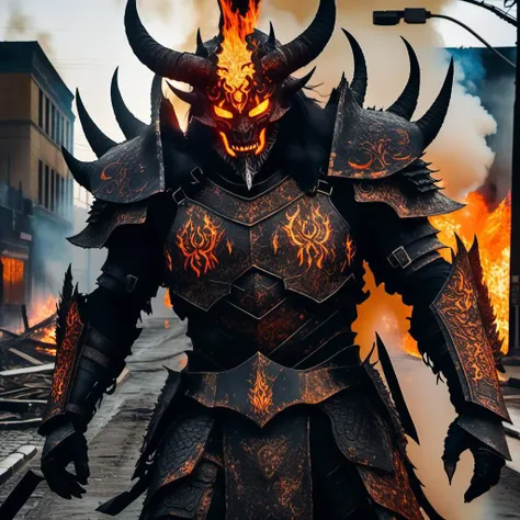 ((detailed fire demon )), wearing runes armor, ragnark, destroyed burning city street after nuclear blast flodded with ((black water:1.2)), post apocalyptic, warzone, ((fire)) , smoke