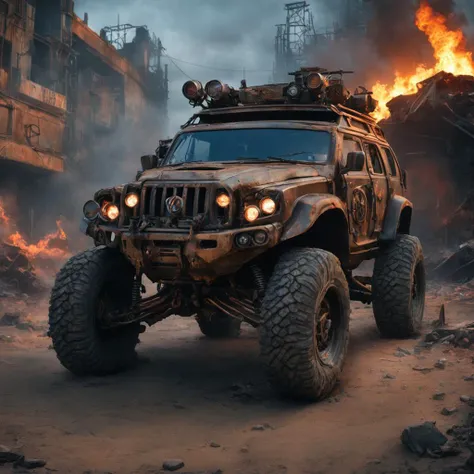 A powerful Jeep Wrangler equipped with machine guns and missiles in the foreground, On the back 2 beautiful Mad Max style women with all the accessories and on the other side Mel Gibson sitting and armed looking at theJeep, In the background the desert with precarious buildings and the fire burning and a huge smoke coming out of the fires and the sun shining huge on the orange sky of the desert