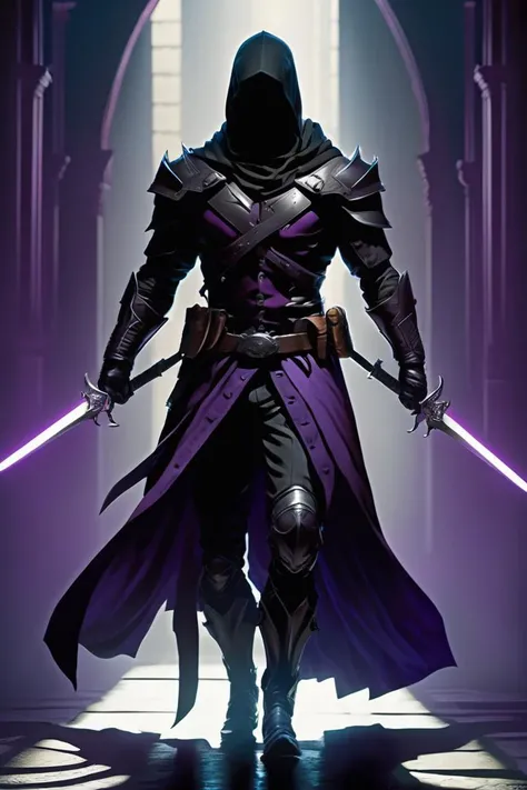 (Dramatic Digital Artwork:1.3) of (Detailed illustration:1.3),of (A shadowy assassin donning dark, stealthy armor and wielding twin daggers. The color palette includes deep blacks, dark purples, and glints of moonlit silver, projecting a mood of stealth and deadly skill:1.3), Volumetric Lighting, Volumetric Light, Volumetric, Natural Lighting, absurdres, high resolution, (8k resolution), 8k, 8kres, 8k res, high details, detailed and intricate, intricate details, high intricate details, absurd amount of details, super resolution, ultra hd, megapixel, Deep Focus, Hip Level Shot, Quarter Turn Camera Staging, From Front, From Side, "Frontal Full Body Pose, Highlights the overall body shape and symmetry",,(by Artist Jan Urschel:1.3),(by Artist Gabriel Von Max:1.3),CGSociety,ArtStation,(Impressionism:1.3)