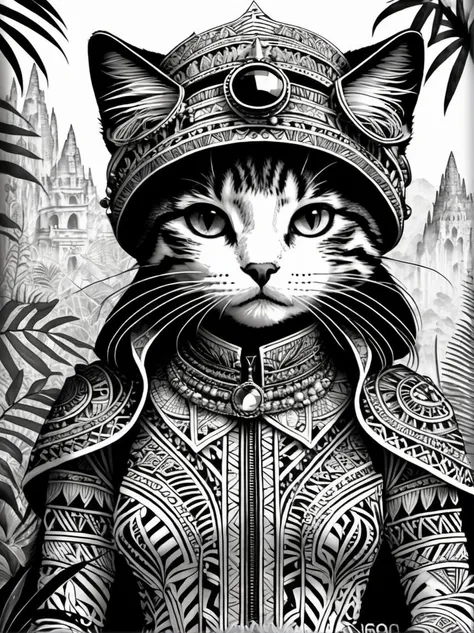 Zentangle a cat, (adventurer outfit), lush_jungle, epic ruins, amazing details, amazing quality, masterpiece, . Intricate, abstract, monochrome, patterns, meditative, highly detailed