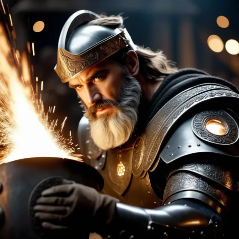 cinematic photo Awardwinning epic cinestil from hephaistos doing blacksmith work, flying sparks, anvil, amazing details, long beard,  ornamental greek armor, wrathful eyes, dark lighting, dark shadows, (creating colossus, robot), best quality, amazing details, masterpiece . 35mm photograph, film, bokeh, professional, 4k, highly detailed