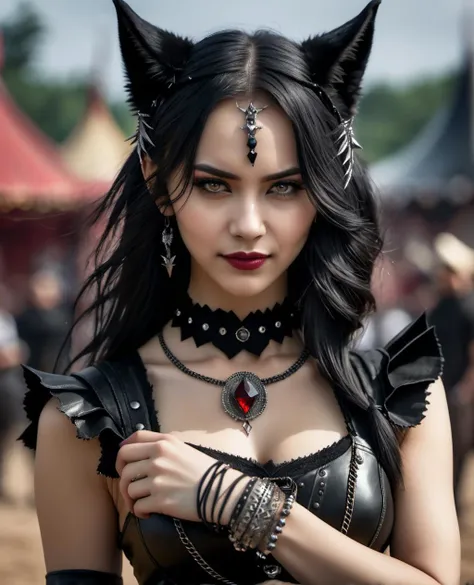 (Highest Quality, 4k, masterpiece, Amazing Details:1.1), wearing wear out gothic clothes, Shallow Depth of Field, E671, lens 50mm f/2.0, (woman), wolf ears, pircings, studded bracelet, (photorealistic) (RAW Photo)), angry, evil smile, ((gothic_circus))