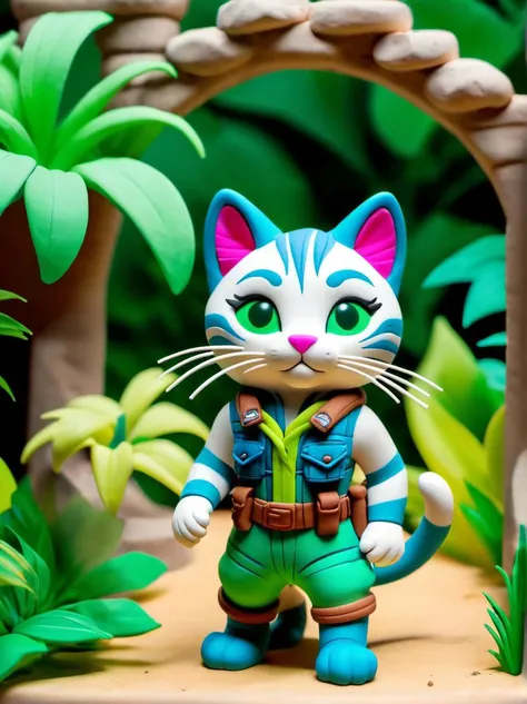 play-doh style a cat, (adventurer outfit), lush_jungle, epic ruins, amazing details, amazing quality, masterpiece, . sculpture, clay art, centered composition, Claymation