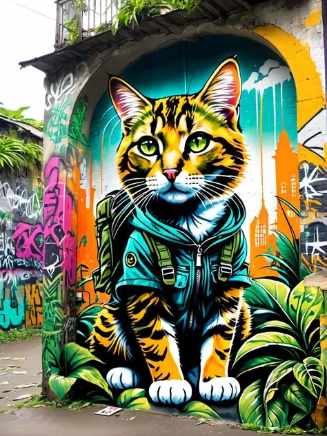 Graffiti style a cat, (adventurer outfit), lush_jungle, epic ruins, amazing details, amazing quality, masterpiece, . Street art, vibrant, urban, detailed, tag, mural