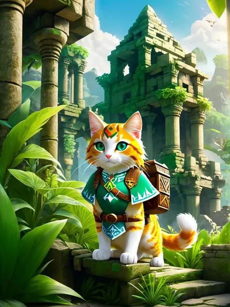 Legend of Zelda style a cat, (adventurer outfit), lush_jungle, epic ruins, amazing details, amazing quality, masterpiece, . Vibrant, fantasy, detailed, epic, heroic, reminiscent of The Legend of Zelda series