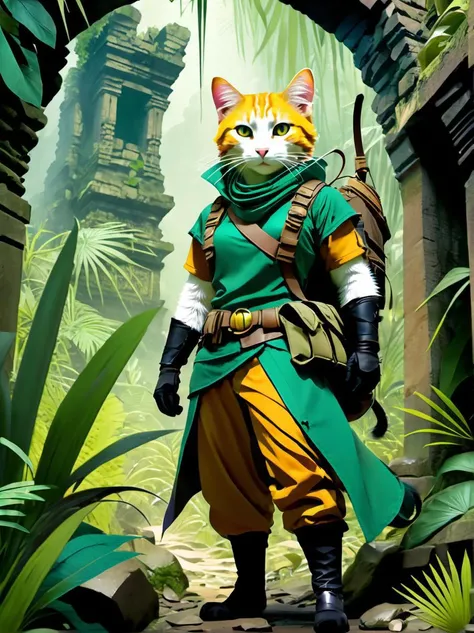 Abstract style a cat, (adventurer outfit), lush_jungle, epic ruins, amazing details, amazing quality, masterpiece, . Non-representational, colors and shapes, expression of feelings, imaginative, highly detailed