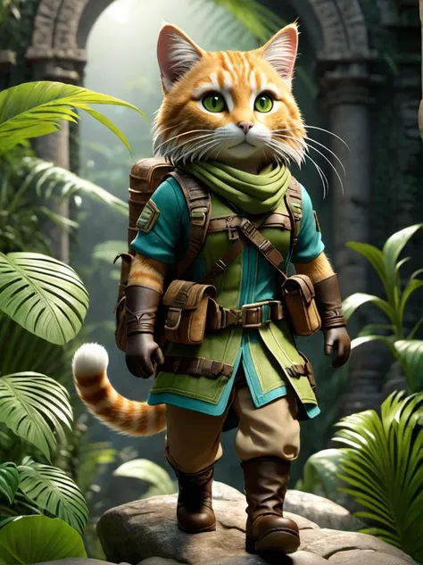 professional 3d model a cat, (adventurer outfit), lush_jungle, epic ruins, amazing details, amazing quality, masterpiece, . octane render, highly detailed, volumetric, dramatic lighting