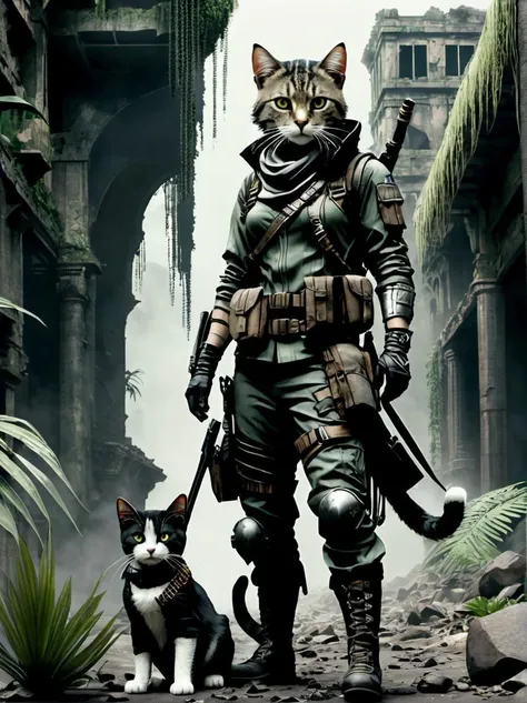 Dystopian style a cat, (adventurer outfit), lush_jungle, epic ruins, amazing details, amazing quality, masterpiece, . Bleak, post-apocalyptic, somber, dramatic, highly detailed