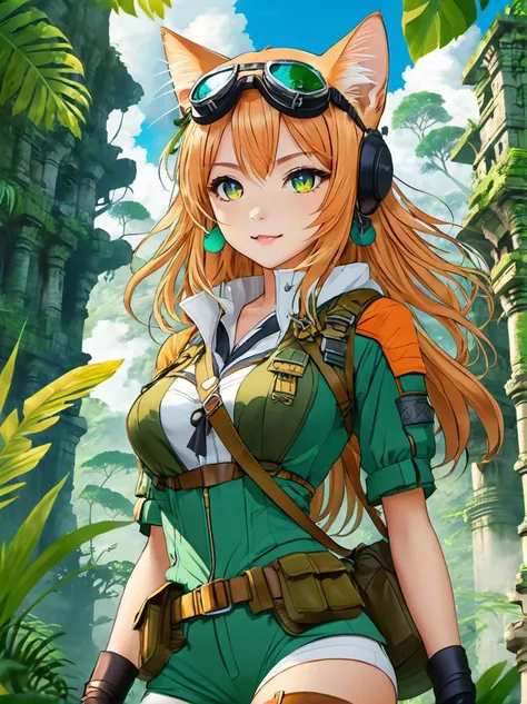 anime artwork a cat, (adventurer outfit), lush_jungle, epic ruins, amazing details, amazing quality, masterpiece, . anime style, key visual, vibrant, studio anime,  highly detailed