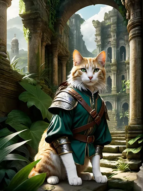 Renaissance style a cat, (adventurer outfit), lush_jungle, epic ruins, amazing details, amazing quality, masterpiece, . Realistic, perspective, light and shadow, religious or mythological themes, highly detailed