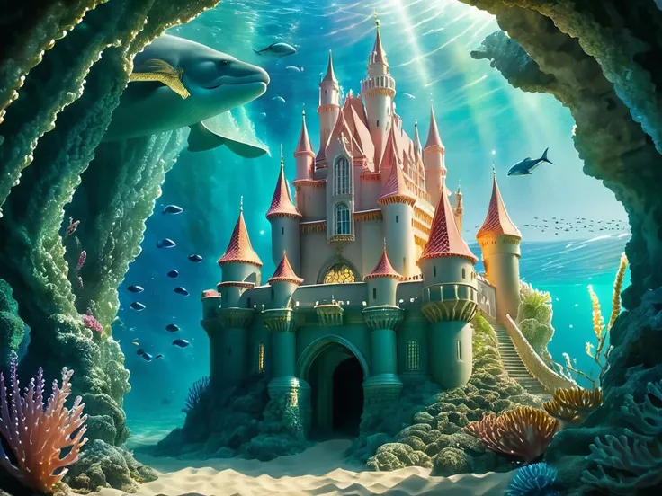Generate a fantasy scene of a castle under the sea. ((The castle is made of coral and crystal)), and it is covered in sea plants and animals. The windows are made of clear glass, and they offer stunning views of the underwater world. The castle is home to a variety of creatures, including mermaids, dolphins, and whales.
The castle is located in a beautiful coral reef. The reef is teeming with life, and it is a feast for the eyes. The fish are of all shapes and sizes, and they come in a variety of colors. The coral is also very colorful, and it creates a stunning backdrop for the castle.
The castle is lit by the sun, which shines through the water. The light creates a magical effect, and it makes the castle look like it is made of gold. The overall mood of the scene is one of peace and tranquility.
This scene is a celebration of the meaning of life. It shows that life can be found in the most unexpected places, and that it is always worth living. The castle is a symbol of hope and possibility, and it reminds us that there is always something new to discover., (MASTERPIECE:1. 2), (REALISTIC:1. 4), (POST PROCESSING:1. 3), (SHARP FOCUS:1. 3), 8K, photograph, <lora:wowifierXL:1>