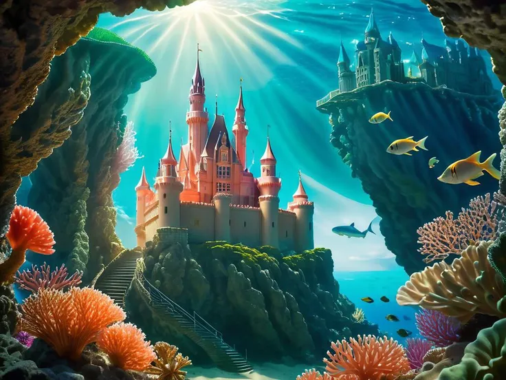 Generate a fantasy scene of a castle under the sea. ((The castle is made of coral and crystal)), and it is covered in sea plants and animals. The windows are made of clear glass, and they offer stunning views of the underwater world. The castle is home to a variety of creatures, including mermaids, dolphins, and whales.
The castle is located in a beautiful coral reef. The reef is teeming with life, and it is a feast for the eyes. The fish are of all shapes and sizes, and they come in a variety of colors. The coral is also very colorful, and it creates a stunning backdrop for the castle.
The castle is lit by the sun, which shines through the water. The light creates a magical effect, and it makes the castle look like it is made of gold. The overall mood of the scene is one of peace and tranquility.
This scene is a celebration of the meaning of life. It shows that life can be found in the most unexpected places, and that it is always worth living. The castle is a symbol of hope and possibility, and it reminds us that there is always something new to discover., (MASTERPIECE:1. 2), (REALISTIC:1. 4), (POST PROCESSING:1. 3), (SHARP FOCUS:1. 3), 8K, photograph, <lora:wowifierXL:1>