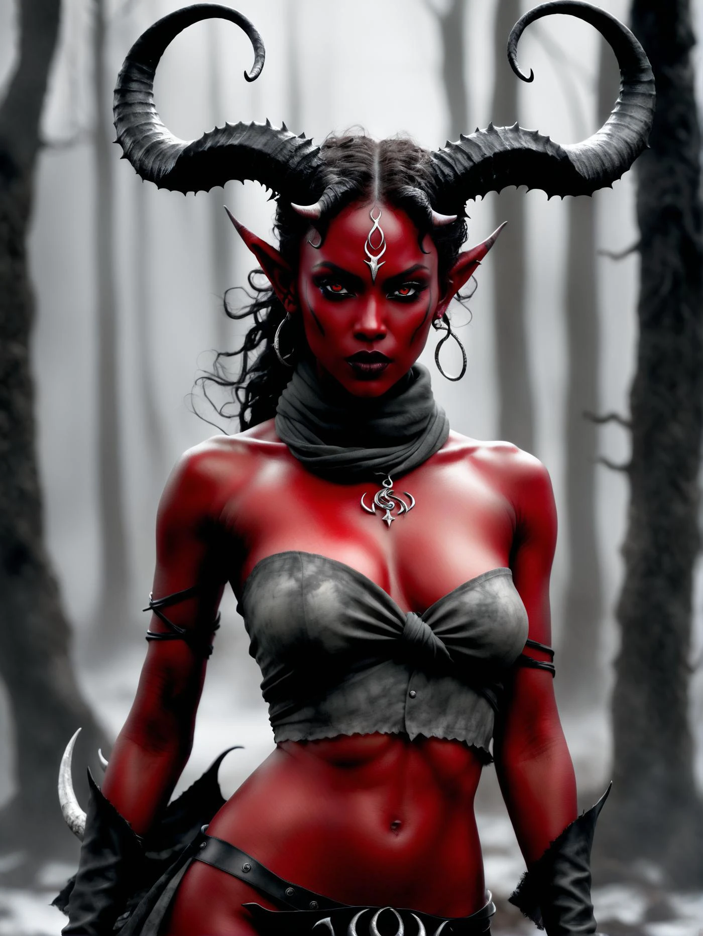 professional 3d model nude_young_female_demon, (red skin tone), dark eyes, Light hair styled as Wavy, Horns, Scarf, tiefling, full body, Style of stephen gammell, watercolors, black and white, swamp, shadowy creatures, infected . octane render, highly detailed, volumetric, dramatic lighting