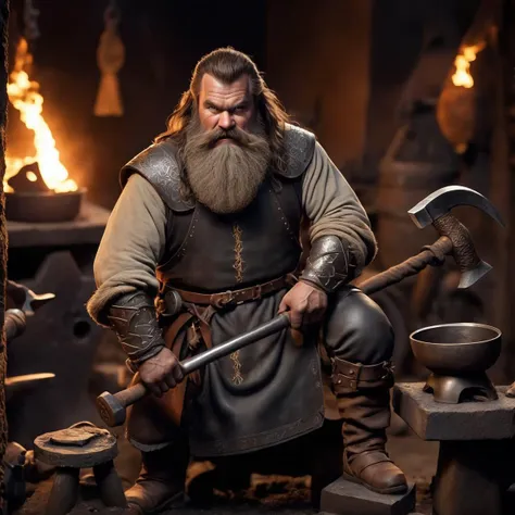 cinematic photo Award winning from dwarf  doing blacksmith work, using a hammer to forge, forging, anvil, amazing details, long beard, ornamental greek armor, wrathful eyes, dark lighting, dnd, dragonlance, lord of the rings, pathfinder, best quality, amazing details, masterpiece, 35mm photograph, film, bokeh, professional, 4k, highly detailed