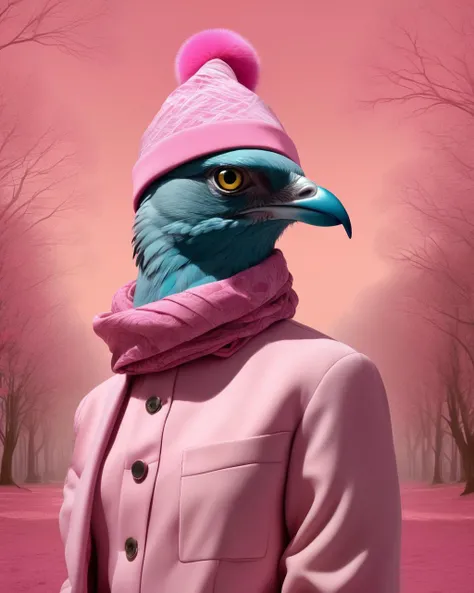 a bird wearing a pink hat and jacket with a scarf on it's head and a scarf around its neck and neck, and a pink scarf around its neck , photoshop contest winner, Sentient generative art installations in the style of Jenny Sabin, immersive, textile-driven, AI's architectural textiles., Filip Hodas, edward hopper and james gilleard, a matte painting, american scene painting , Interwoven Realities: Todd Solondz's influence adds depth to an ornate tableau, with Angela Deane's patterns merging seamlessly with Martine Johanna's highly detailed characters.