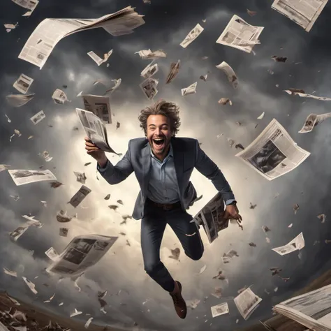 (((full body))) inside a tornado (smiling man flying in the air, reading a magazine), papers and cars (((flying))) around, epic realism,
camera from above, wide camera angle, intricate details, master quality, cinematic still frame,