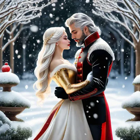 high contrast, golden layered lines, full body shot, illustration, masterpiece, full body picture, romantic, symmetrical eyes, beautiful face, 1girl, snow white skin, Long flowing platinum hair, scarlet dress, black long gloves, high collar, embracing her male lover, their bodies entwined and kissing, in the garden, snowing, dark background, FrostedStyle,