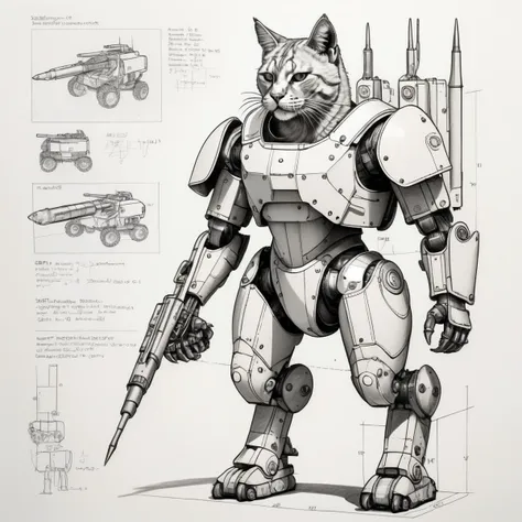 shemetric drawing of a ikea battle cat, sharp edges, mounted rocket launcher, armor