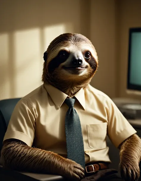 cinematic film still A delightful image captures a charming sloth, impeccably dressed in a short sleeve dress shirt and a dapper tie, lounging contently in an office cubicle. In this nostalgic setting, a vintage 1980s computer stands before the sloth, exuding its retro charm. The image is of exceptional quality, showcasing vibrant colors, precise details, and a perfect balance of light and shadow, allowing the viewer to fully appreciate the whimsical nature of this peculiar scene. . shallow depth of field, vignette, highly detailed, high budget, bokeh, cinemascope, moody, epic, gorgeous, film grain, grainy
