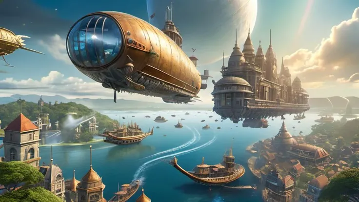 City;s floating in the air in bubbles, Fantasy world, Airships Battleships, Bright Fantasy Atmosphere, UHD, 8k, 16k, Fijifilm, insane detail,