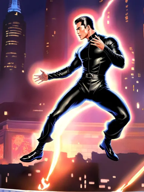 comic an action shot of action actor with muscular body and short hair, he is wearing black formal suit and leather shoes, he is posing in zdyna_pose. glowing force of Qigong is flowing around him, the stage of the film as background, full body, (motion blur:1.331), blurred foreground, <lora:!action-sdxl-V0.5:0.8> . graphic illustration, comic art, graphic novel art, vibrant, highly detailed