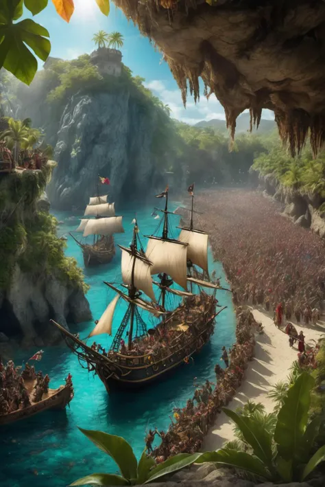 (ultra high resolution, intricate photography), (close view of a Bonnacon:1.25) (Commands an army of mythical creatures in A Pirate Cove with Pirates Celebrating Their Recent Plunder and Counting Their Loot), (colorful), (Ultra Realistic, High quality, Ultra detailed, Sharp focus, 8K UHD, Fantasy photography)