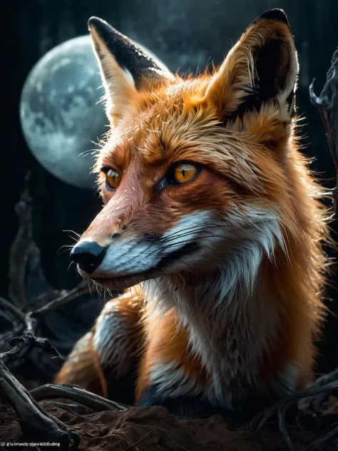fox, cosmic, otherworldly, mysterious, grim, haunting, Vibrant Rim Light, Eerie, unsettling, dark, spooky, suspenseful, grim, highly detailed, by Stefan Gesell
