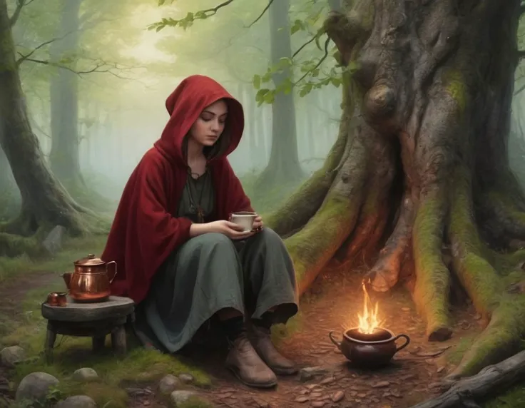 A young woman in an very dark red felted wool cloak boils coffee in a small copper pot in her campsite in the deep eastern european woods on a very foggy spring morning, She is a no-nonsense adventurer in the 17th century travelling up from Istanbul, Her large backpack is resting against a tree, The bark on the trees and the loam of the forest floor is highly detailed, the copper pot rests on a cast iron trivet above a bed of warm charcoal which is all that remains from the evening's fire, the cute girl's axe is sheathed and belted into her backpack resting against a tree, her campfire is ringed with flat stones found from the surrounding woods, warming her hands on an enamelled mug, hyperdetailed painting in watercolor graphite and ink, low + realistic fantasy, inspired by the deed of paksenarrion