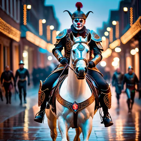 cinestill of a horror clown is riding a viking horse, horse armor, runes, knotwork, neon, cyberpunk city, victorian outfit, steampunk horse, high quality photography, 3 point lighting, flash with softbox, 4k, Canon EOS R3, hdr, smooth, sharp focus, high resolution, award winning photo, 80mm, f2.8, bokeh