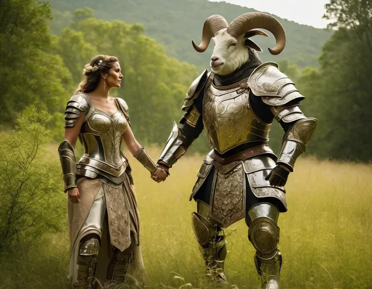 Wedding Photography In a lush meadow, Sid the war pigepo, a majestic armored billygoat, stands tall on his hind legs. Genuine antique armor adorns his sturdy body, displaying intricate details and exquisite craftsmanship. The sunlight dances upon the gleaming metal, showcasing its high quality and pristine condition. Sid's powerful presence and the impeccable armor create a captivating image that tells a tale of strength, resilience, and an untamed spirit., Wedding Photography, often for bridal captures, romantic scenes, or wedding celebrations.