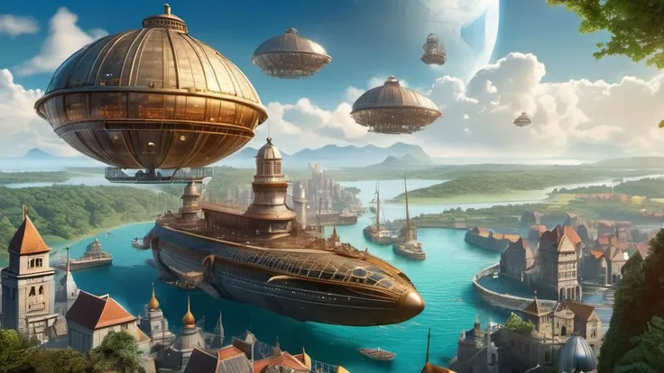 City;s floating in the air in bubbles, Fantasy world, Airships Battleships, Bright Fantasy Atmosphere, UHD, 8k, 16k, Fijifilm, insane detail,