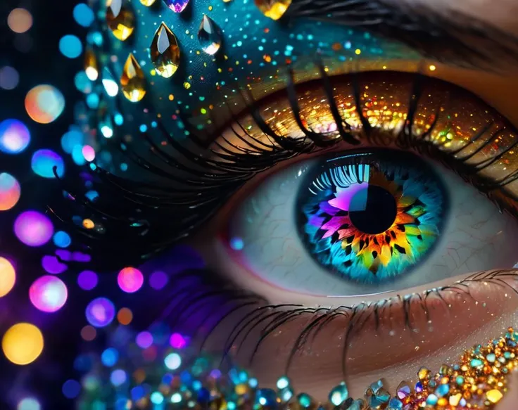 Surrealist art close up shot of 1 beautiful eye, forming from thousands of colored -crystals, neon galaxy inside the york, depth of field, raindrop on the face, tarot card, tarot eye on esoteric background, galaxy inside the gemstone, (sharp focus:1.2), extremely detailed, (photorealistic:1.4), (RAW image, 8k high resolution:1.2), RAW candid cinema, 16mm, color graded Portra 400 film, ultra-realistic, cinematic film still, subsurface scattering, ray tracing, (volumetric lighting), Alan Gutierrez, Cateran Overlord, every detail, (masterpiece,best quality:1.5) . Dreamlike, mysterious, provocative, symbolic, intricate, detailed