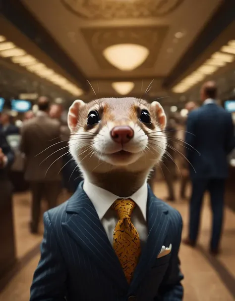 cinematic film still An image captures a mischievous weasel dressed impeccably in a pinstripe business suit amidst the bustling chaos of the stock exchange floor. The weasel exudes confidence, its sharp eyes gleaming with cunning intelligence. The high-quality photograph showcases vibrant colors and sharp details, allowing viewers to see the fine texture of the suit and the playful tilt of the weasel's head. The image captures a whimsical yet symbolic representation of the animal kingdom infiltrating the world of finance. . shallow depth of field, vignette, highly detailed, high budget, bokeh, cinemascope, moody, epic, gorgeous, film grain, grainy