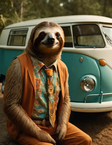 cinematic film still A lively and fashionable sloth, adorned in a vibrantly colored tie-dye t-shirt and stylish jewelry, stands proudly before a classic Volkswagen Microbus. The image captures the sloth's relaxed demeanor, contrasting with the groovy and retro backdrop. The picture is of exceptional quality, showcasing the sloth's meticulously detailed attire and the Microbus's iconic design with clarity and precision, immersing viewers in a scene filled with both tranquility and vintage charm. . shallow depth of field, vignette, highly detailed, high budget, bokeh, cinemascope, moody, epic, gorgeous, film grain, grainy