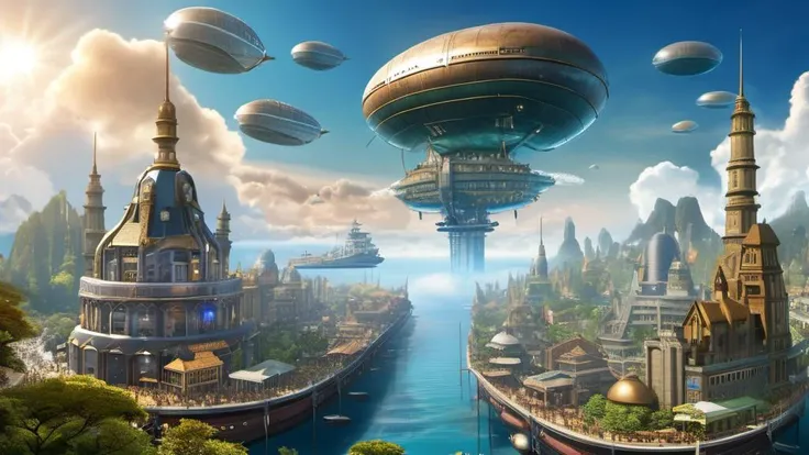 City;s floating in the air in bubbles, Fantasy world, Airships Battleships, Bright Fantasy Atmosphere, UHD, 8k, 16k, Fijifilm, insane detail,
