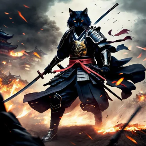 ((dark anime art:1.1)), a wrathful samurai cat is storming the battlefield