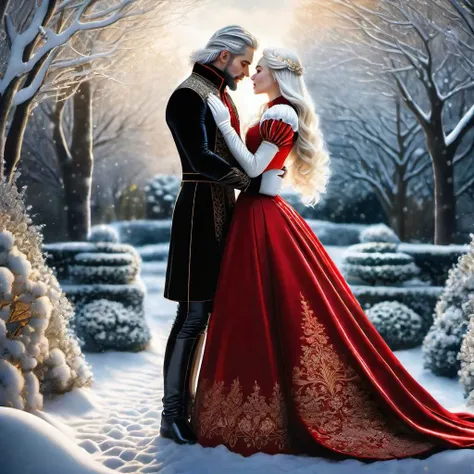 high contrast, golden layered lines, full body shot, illustration, masterpiece, full body picture, romantic, symmetrical eyes, beautiful face, 1girl, snow white skin, Long flowing platinum hair, scarlet dress, black long gloves, high collar, embracing her male lover, their bodies entwined and kissing, in the garden, snowing, dark background, FrostedStyle,
