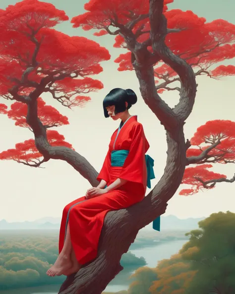 a woman in a red kimono sitting on a tree branch, Sentient generative art installations in the style of Jenny Sabin, immersive, textile-driven, AI's architectural textiles., Filip Hodas, edward hopper and james gilleard, a matte painting, american scene painting , Interwoven Realities: Todd Solondz's influence adds depth to an ornate tableau, with Angela Deane's patterns merging seamlessly with Martine Johanna's highly detailed characters.