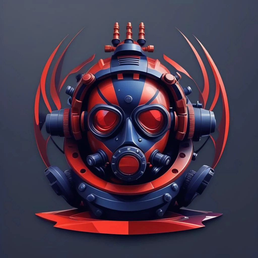 logo of "E5i", master piece app logo,(scuba diving:1.4) , (computer:1.5) cyber security , themed colors (black ground , red , dark blue) designed by legendary logo designer , low poly , simple