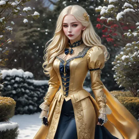 high contrast, golden layered lines, full body shot, illustration, masterpiece, full body picture, esoteric astrology, portrait, shy, serious, symmetrical eyes, beautiful face, 1girl, snow white skin, Long flowing platinum hair, scarlet Victorian dress, black long gloves, high collar, in the garden, colorful, dark background, FrostedStyle, victorian era.