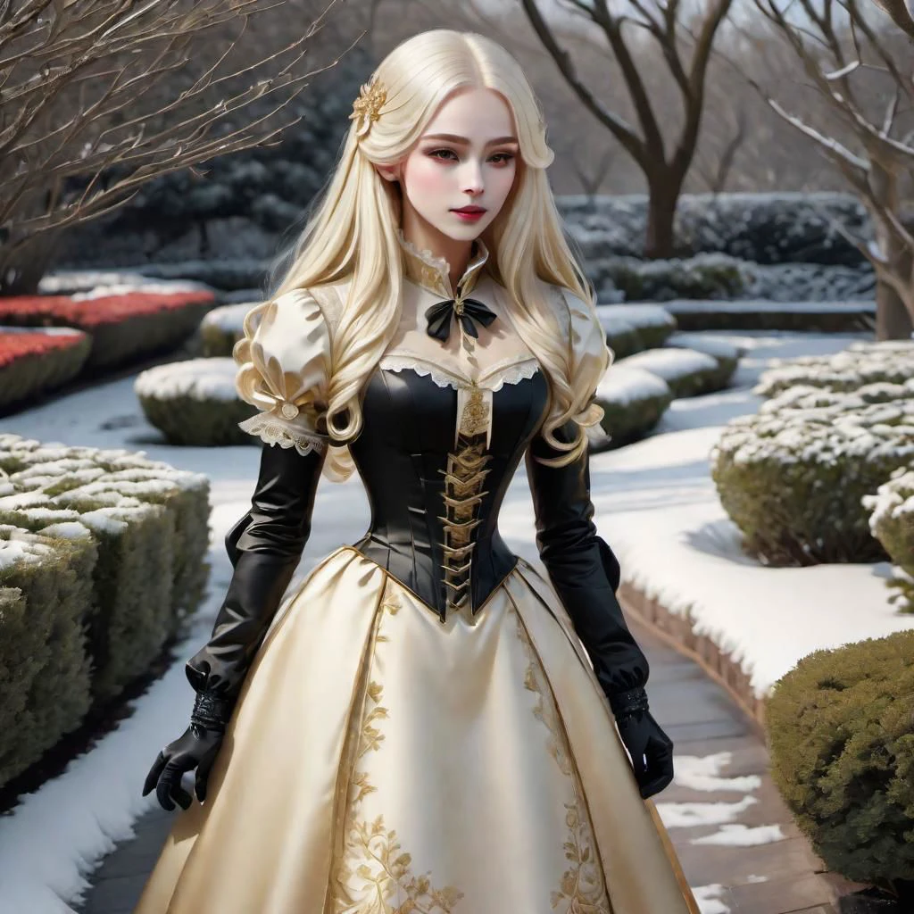 high contrast, golden layered lines, full body shot, illustration, masterpiece, full body picture, esoteric astrology, portrait, shy, serious, symmetrical eyes, beautiful face, 1girl, snow white skin, Long flowing platinum hair, scarlet Victorian dress, black long gloves, high collar, in the garden, snowing, dark background, FrostedStyle, victorian era.