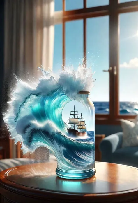 small ship in an open bottle, strong ocean waves, storm,water spray, wind, extreme detail, 3d view, breaking glass, backlight,viginette,4k wallpaper, window ledge, curtains