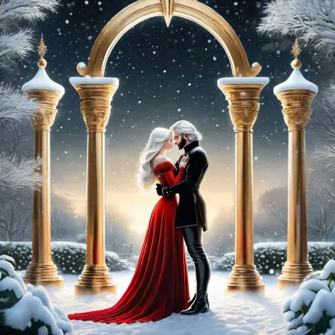 high contrast, golden layered lines, full body shot, illustration, masterpiece, full body picture, romantic, symmetrical eyes, beautiful face, 1girl, snow white skin, Long flowing platinum hair, scarlet dress, black long gloves, high collar, embracing her male lover, their bodies entwined and kissing, in the garden, snowing, dark background, FrostedStyle,