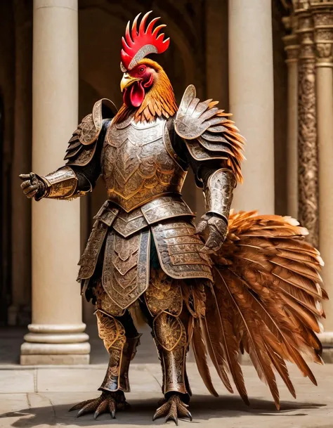Wedding Photography In the image, we see Gilbert the war chicken proudly standing tall, adorned in intricately crafted armor. The armor consists of overlapping steel plates engraved with ornate patterns, perfectly fitting his feathery body. The intricate details of the armor display the skill and dedication of the artist. The image is of high quality, capturing every gleam and reflection on the polished armor, adding to the overall grandeur and majesty of Gilbert's appearance., Wedding Photography, often for bridal captures, romantic scenes, or wedding celebrations.