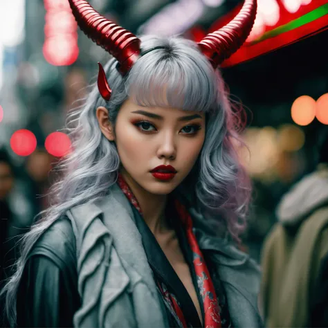 hotograph, Neo-Tokyo nude_young_demon woman, Light hair styled as Wavy, Horns, Scarf, Lonely, Decopunk, film grain, Phase One XF IQ4 150MP, 35mm, art by Bojan Jevtic, detailed, realistic, 8k uhd, high quality