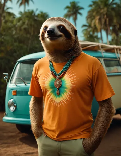 cinematic film still A sloth with a relaxed expression wearing a vibrant tie-dye t-shirt, accessorized with colorful jewelry, stands confidently in front of a classic Volkswagen Microbus. The image captures the sloth's casual yet stylish demeanor, as it perfectly combines both nature and a touch of bohemian fashion. The high-quality image showcases vivid colors, sharp details, and impeccable lighting, immersing the viewer in the sloth's fashionable and laid-back world. . shallow depth of field, vignette, highly detailed, high budget, bokeh, cinemascope, moody, epic, gorgeous, film grain, grainy