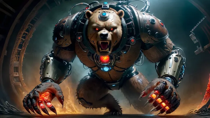 (foreshortening:1.3), from below, attacking pose, fearsome and vengeful cyber-crippled bear is doing it's last punch trying to avenge himself to dr. Frankenstein, half-cybernetic head, one red glowing eye, gore, (angry roar:1.1), dark theme, moody, twilight time light, BREAK, ultra-wide shot, RAW, 8k, VISION3 500T Film, hyper realistic, ultra-detailed, by john Wilhelm, <lora:WowifierXL-V2:0.7> art by mooncryptowow, <lora:!action-sdxl-V0.5:0.75> zdyna_pose <lora:Victoria_Frances_v2_XL:0.75>