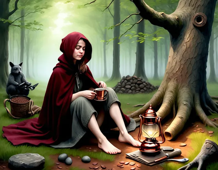A young woman in an very dark red felted wool cloak boils coffee in a small copper pot in her campsite in the deep eastern european woods on a very foggy spring morning, She is a no-nonsense adventurer in the 17th century travelling up from Istanbul, Her large backpack is resting against a tree, The bark on the trees and the loam of the forest floor is highly detailed, the copper pot rests on a cast iron trivet above a bed of warm charcoal which is all that remains from the evening's fire, the cute girl's axe is sheathed and belted into her backpack resting against a tree, her campfire is ringed with flat stones found from the surrounding woods, warming her hands on an enamelled mug, hyperdetailed painting in watercolor graphite and ink, low + realistic fantasy, inspired by the deed of paksenarrion