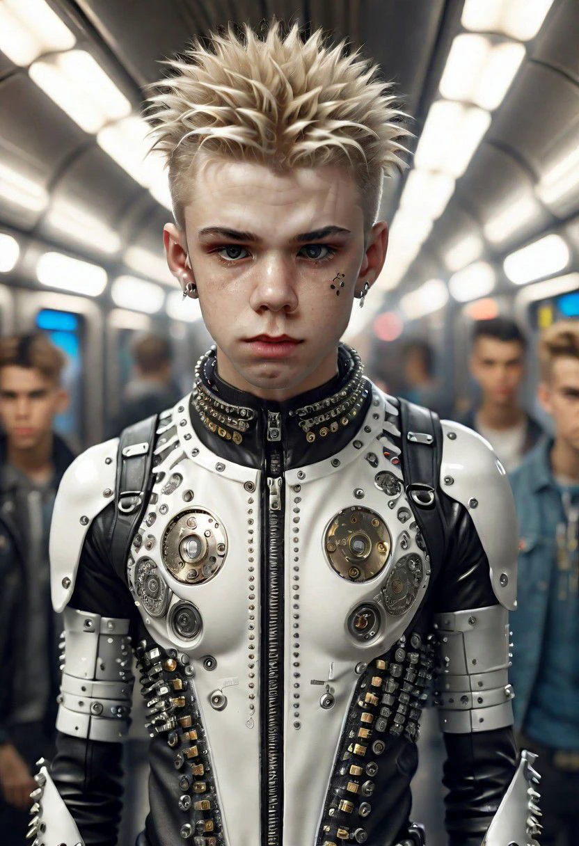 cinematic photo long shot portrait of a (White) young punk man in New York in 2077s (with young man inside) with punk clothes on a metro ,high details,era 2077s subsurface scattering,hyper realistic,concept art,illustration,extremely detailed,extremely intricate,extremely sharp lines,sharp focus,fascinating,4k,8k,smooth,masterpiece,award-winning,full body shot,. 35mm photograph,film,bokeh,professional,4k,highly detailed, (( Curi )) (hiperealist:1) (18 years old:1), ( realistic Hair)
